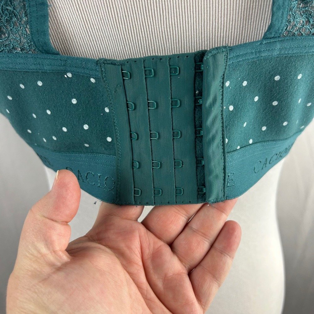Cacique Teal Polka Dot Unlined Full Coverage Wireless Bra Lace Racerback 40D - Picture 4 of 6